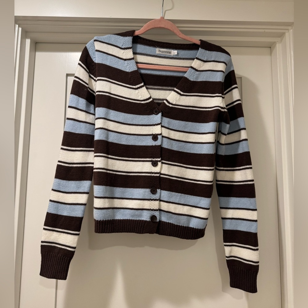 beginning boutique brown, blue, & white striped cardigan - Picture 8 of 10